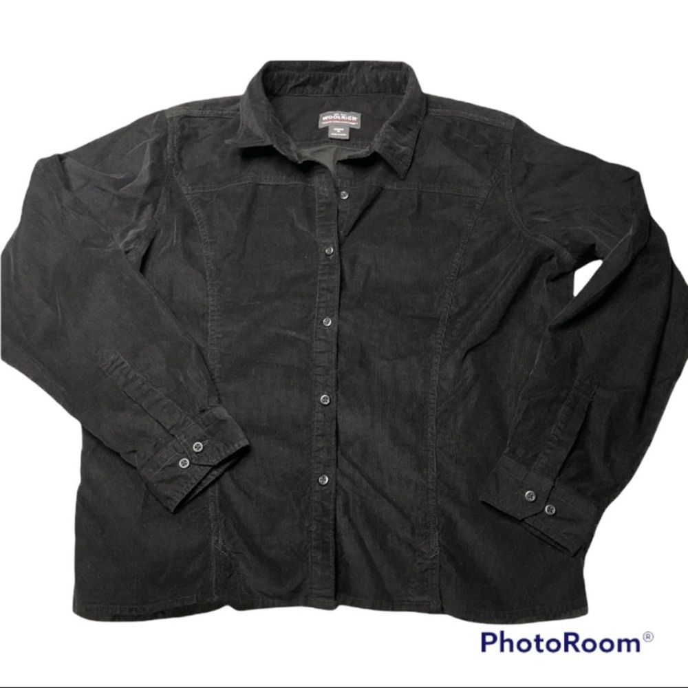 Woolrich ladies XL black corduroy button down shirt EUC nice detailing